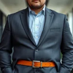 Professional big man wearing tailored charcoal suit with extended cognac leather belt, standing confidently in modern office setting, sophisticated styling