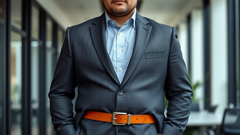Professional big man wearing tailored charcoal suit with extended cognac leather belt, standing confidently in modern office setting, sophisticated styling