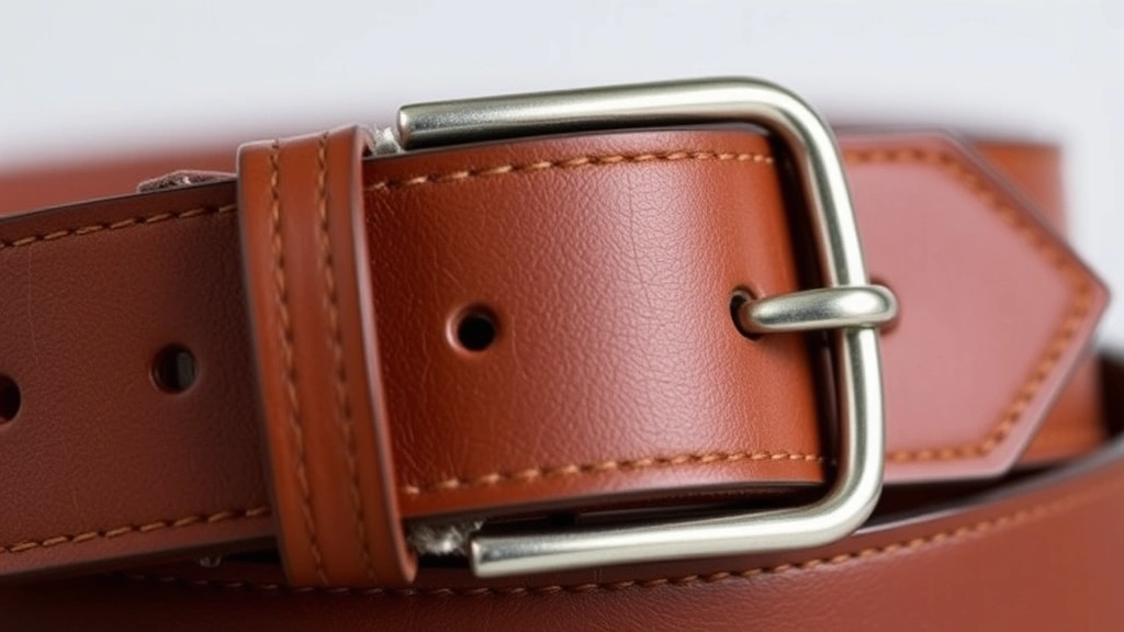 Close-up detail of premium leather belt with substantial buckle, showing craftsmanship and material quality, rich brown tones, professional presentation