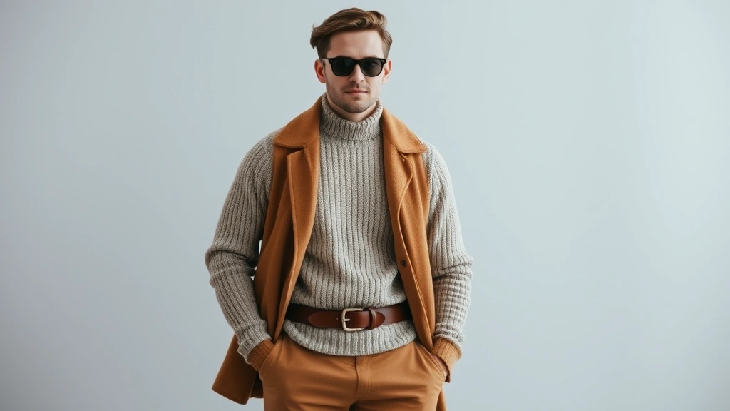 Stylish man in casual smart wear with oversized neutral sweater and extended belt creating visual interest, layered fashion look, contemporary aesthetic