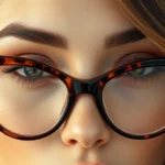 Close-up of woman wearing oversized tortoiseshell cat-eye frames with warm neutral makeup, soft natural lighting, professional fashion photography style