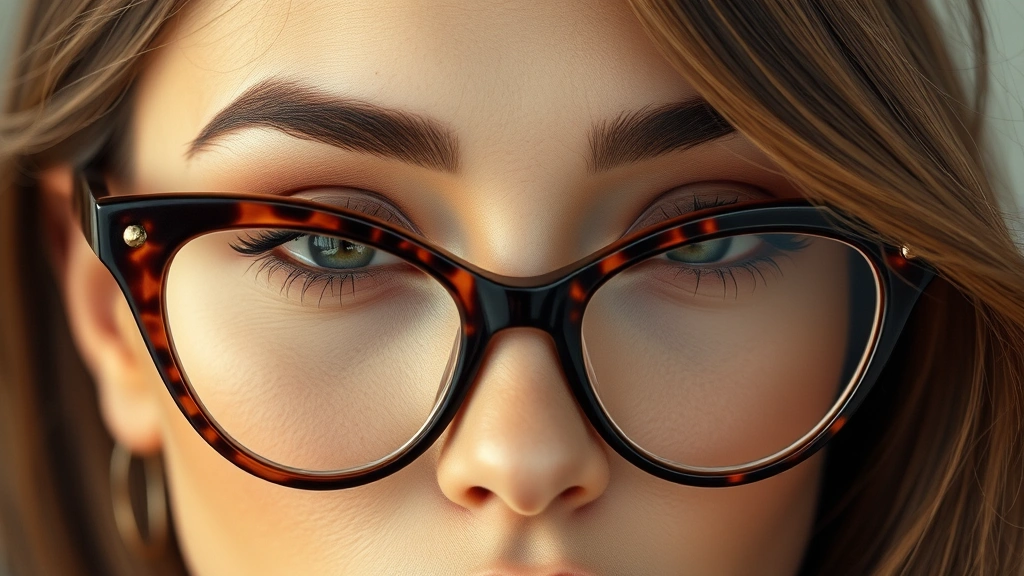 Close-up of woman wearing oversized tortoiseshell cat-eye frames with warm neutral makeup, soft natural lighting, professional fashion photography style
