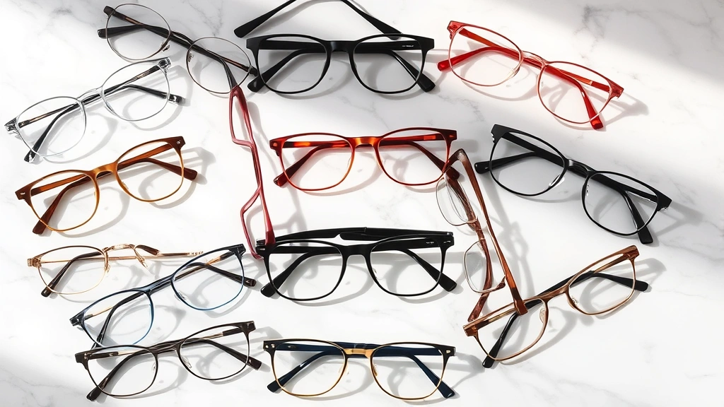 Flat lay arrangement of diverse eyeglass frames in various colors and styles including geometric, retro, and minimalist designs on marble surface with natural shadows