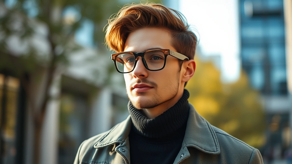 Fashion-forward person wearing sustainable eco-friendly wooden-frame glasses with modern outfit, outdoor natural lighting, contemporary style photography