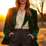 Luxurious autumn outfit featuring emerald velvet oversized blazer with cinched waist, paired with charcoal tailored trousers, worn by confident woman against golden sunset backdrop, professional fashion photography