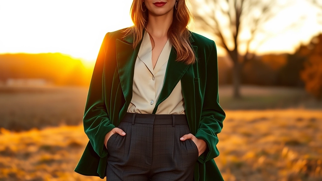 Luxurious autumn outfit featuring emerald velvet oversized blazer with cinched waist, paired with charcoal tailored trousers, worn by confident woman against golden sunset backdrop, professional fashion photography