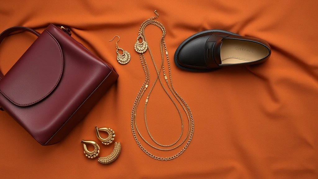 Flat lay of Fall 2025 accessories including sculptural gold earrings, structured burgundy leather bag, chunky loafers, and layered necklaces on warm terracotta fabric, minimalist styling