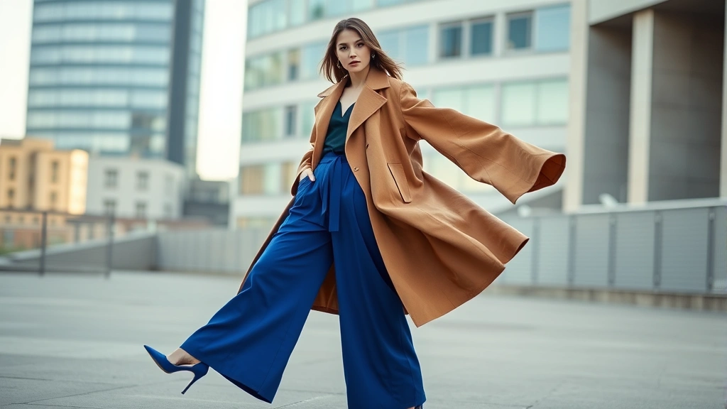 Gender-fluid model wearing flowing camel coat over wide-leg trousers in jewel tone blue, architectural statement shoes, natural lighting, modern urban setting, contemporary fashion editorial