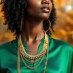 Black woman wearing emerald green silk blouse with gold layered necklaces, natural lighting, confident pose, autumn backdrop with warm tones