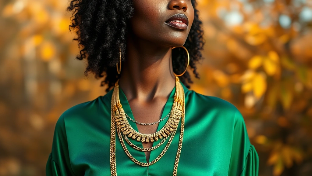 Black woman wearing emerald green silk blouse with gold layered necklaces, natural lighting, confident pose, autumn backdrop with warm tones
