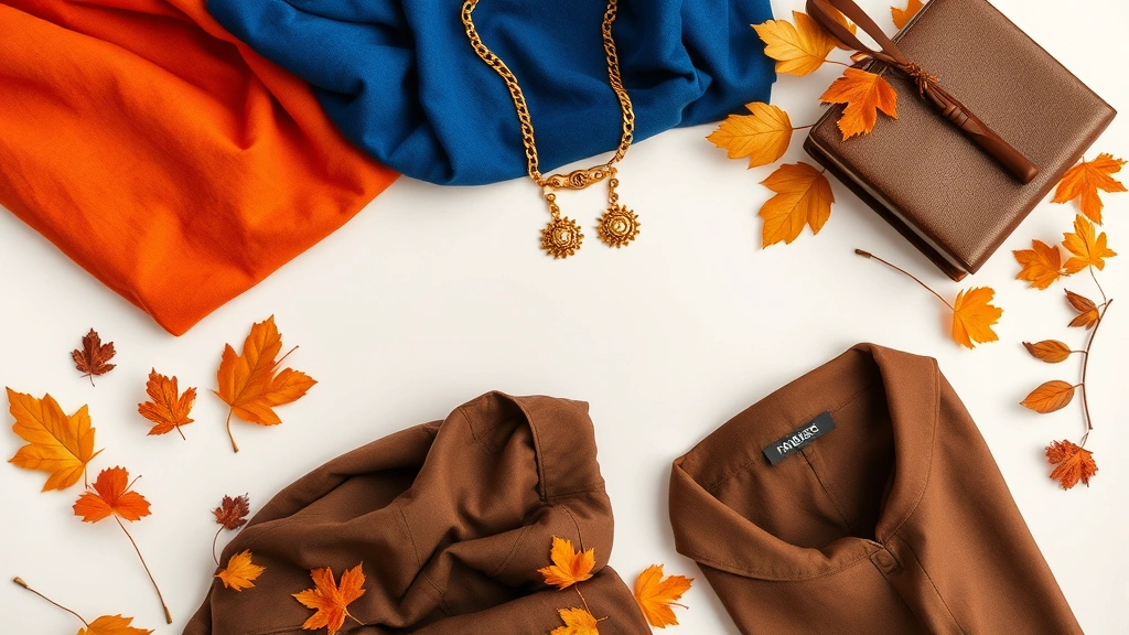 Fashion flat lay of fall colors: burnt orange, sapphire blue, chocolate brown fabrics with gold accessories and jewelry arranged artistically
