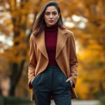 Woman wearing structured camel blazer with burgundy turtleneck and high-waisted tailored charcoal trousers standing in autumn setting with warm lighting, professional styling, fashion editorial quality