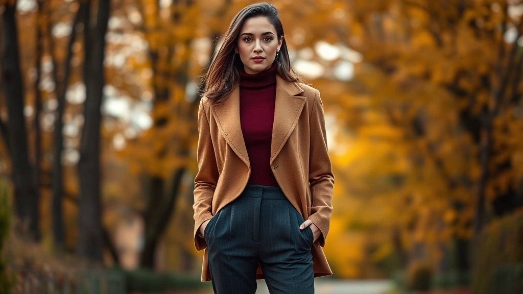 Woman wearing structured camel blazer with burgundy turtleneck and high-waisted tailored charcoal trousers standing in autumn setting with warm lighting, professional styling, fashion editorial quality