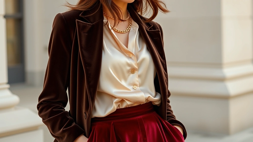 Model in cropped chocolate brown velvet blazer over cream silk blouse with burgundy midi skirt and gold chain accessories, sophisticated fall aesthetic, natural daylight