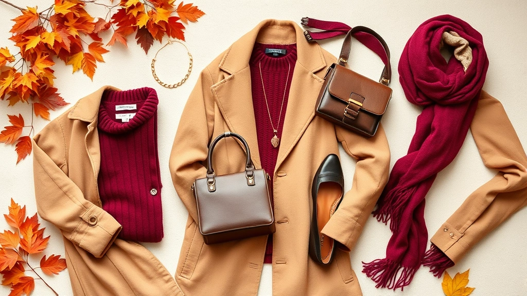 Flat lay of fall wardrobe essentials including burgundy wool sweater, camel coat, leather loafers, structured handbag, gold jewelry, and scarves arranged on neutral background with autumn foliage accents