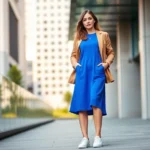 Young woman wearing a casual Fashion 21 midi dress in vibrant blue, styled with a tan linen blazer and white sneakers, standing in modern urban setting with natural sunlight, confident pose, contemporary casual aesthetic