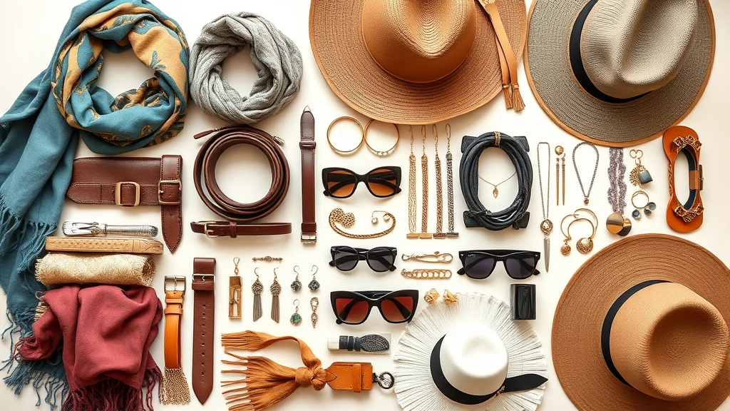 Organized accessory collection display featuring scarves, belts, sunglasses, jewelry, and hats arranged by color and category, lifestyle flatlay showing curated personal style essentials