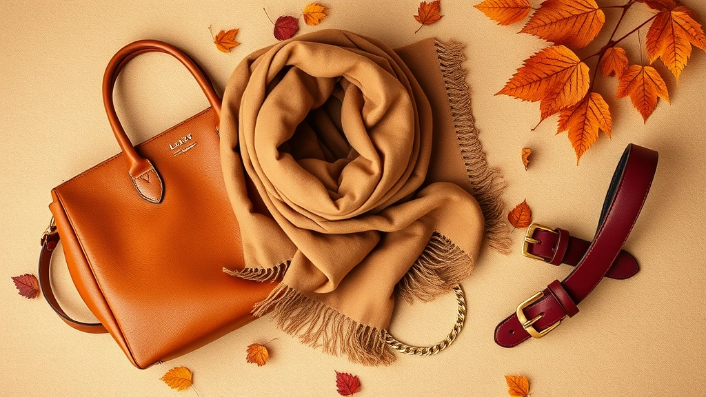 Overhead flat lay of fall fashion accessories: cognac leather structured handbag, oversized camel wool scarf, gold layered chain necklaces, burgundy leather statement belt with gold buckle, arranged on warm neutral background with autumn leaves scattered artfully, professional product photography style, natural daylight