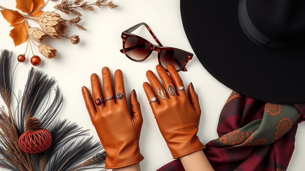 Styled flat lay composition featuring black wide-brimmed felt hat, tortoiseshell oversized sunglasses, leather gloves in cognac, silk scarf in jewel tones, statement rings, arranged with autumn elements like dried flowers and natural textures, warm color grading, professional fashion photography