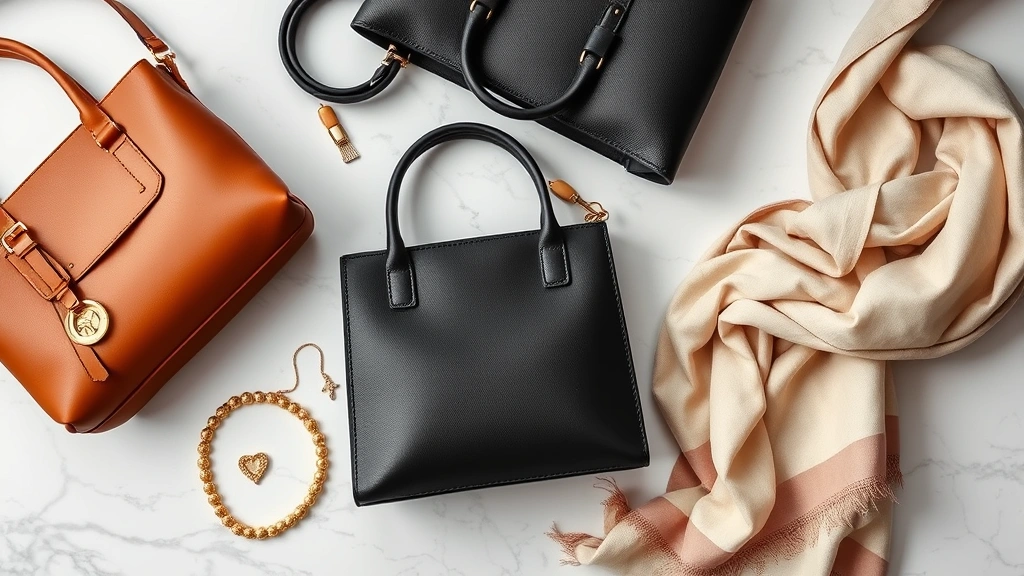 Flat lay photography of luxury leather handbags in neutral tones—cognac, black, cream—arranged artfully with delicate gold jewelry and silk scarves, showing professional accessory styling coordination on a marble surface