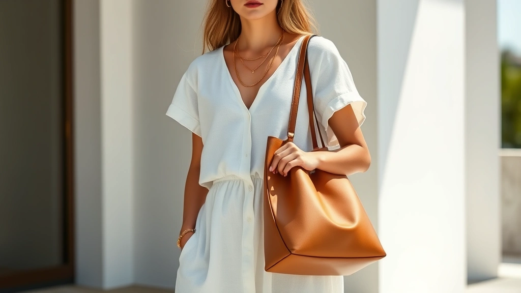 Fashion model wearing a simple white linen dress styled with layered gold necklaces, a structured camel leather bag, and white sneakers, demonstrating balanced accessorizing in natural daylight with modern minimalist aesthetic