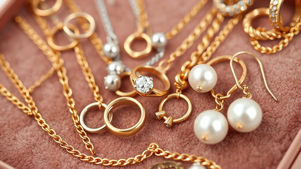 Close-up detail shot of curated jewelry collection including mixed metal pieces—gold, silver, rose gold—delicate chains, statement rings, and pearl earrings arranged on velvet surface, showcasing investment accessory pieces
