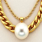 Luxury gold statement necklace with chunky chain links and oversized pearl pendant on neutral background, photorealistic jewelry photography, close-up detail shot