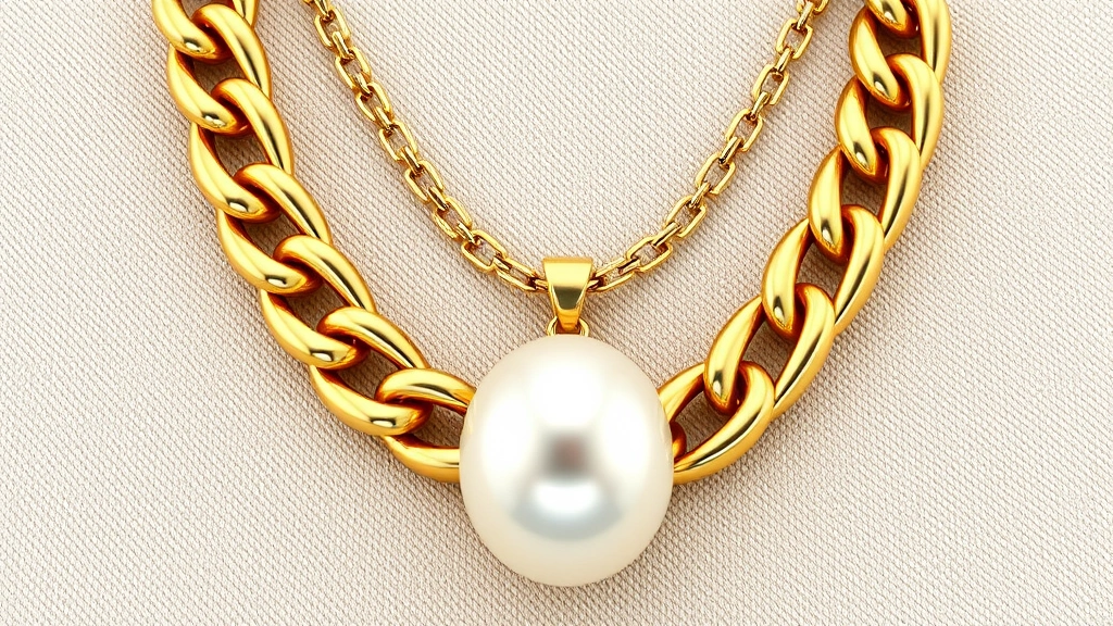 Luxury gold statement necklace with chunky chain links and oversized pearl pendant on neutral background, photorealistic jewelry photography, close-up detail shot