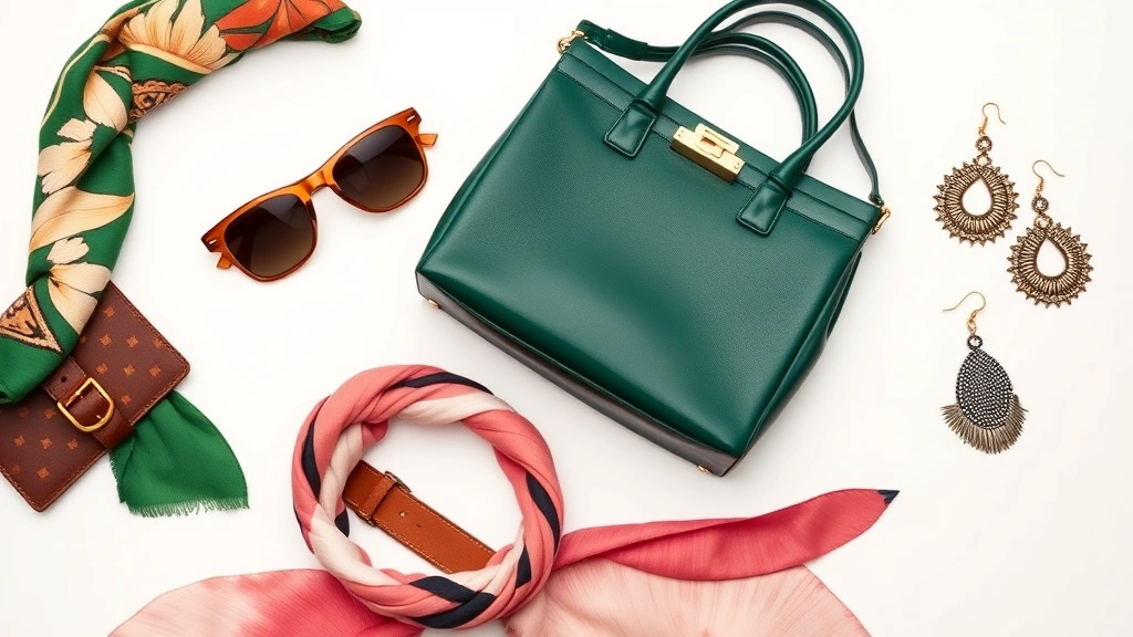 Fashion flat lay of must-have 2023 accessories: structured leather handbag in emerald green, wide leather belt with gold buckle, silk scarf, designer sunglasses, and statement earrings arranged artistically