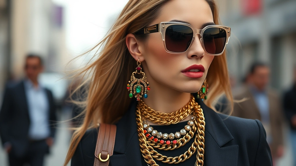 Woman wearing layered statement jewelry including chunky gold chains and colorful gemstone earrings paired with oversized designer sunglasses and designer handbag, street style fashion photography