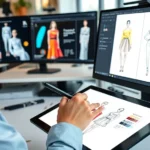 Professional fashion illustrator creating vibrant digital artwork on tablet with stylus, detailed garment sketches displayed on screen, modern creative workspace with multiple monitors