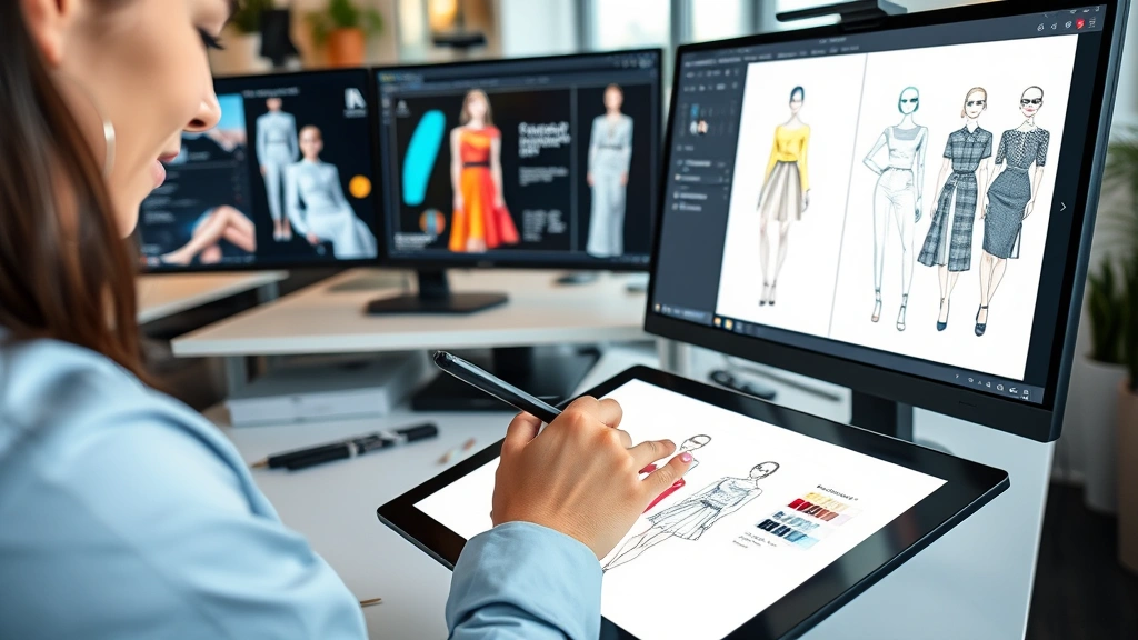 Professional fashion illustrator creating vibrant digital artwork on tablet with stylus, detailed garment sketches displayed on screen, modern creative workspace with multiple monitors