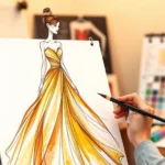 Fashion illustrator sketching a flowing gown with confident brushstrokes, warm studio lighting, watercolor and ink medium visible, professional workspace with color swatches