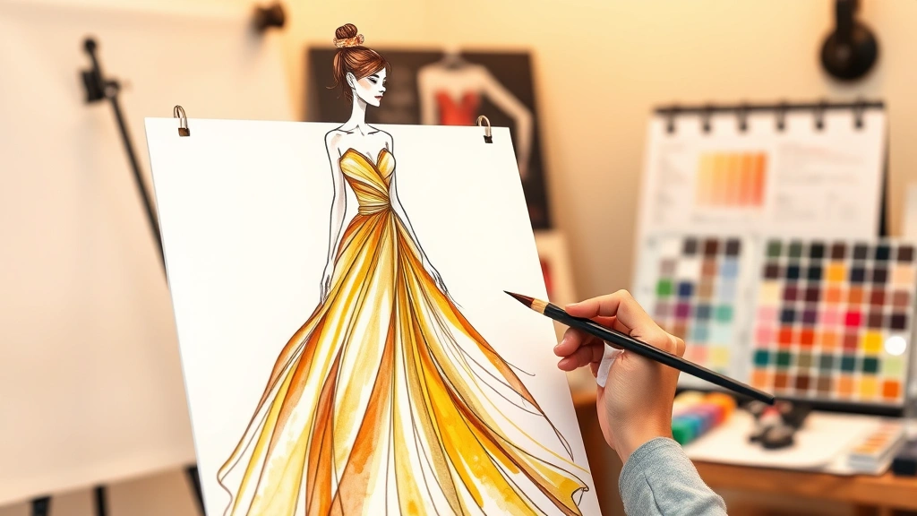 Fashion illustrator sketching a flowing gown with confident brushstrokes, warm studio lighting, watercolor and ink medium visible, professional workspace with color swatches