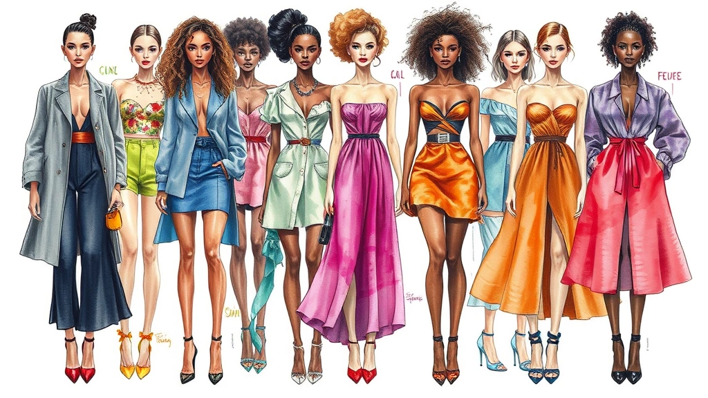 Diverse fashion illustration portfolio spread featuring colorful figure drawings with varied body types, skin tones, and fashion styles, watercolor and digital mixed media techniques