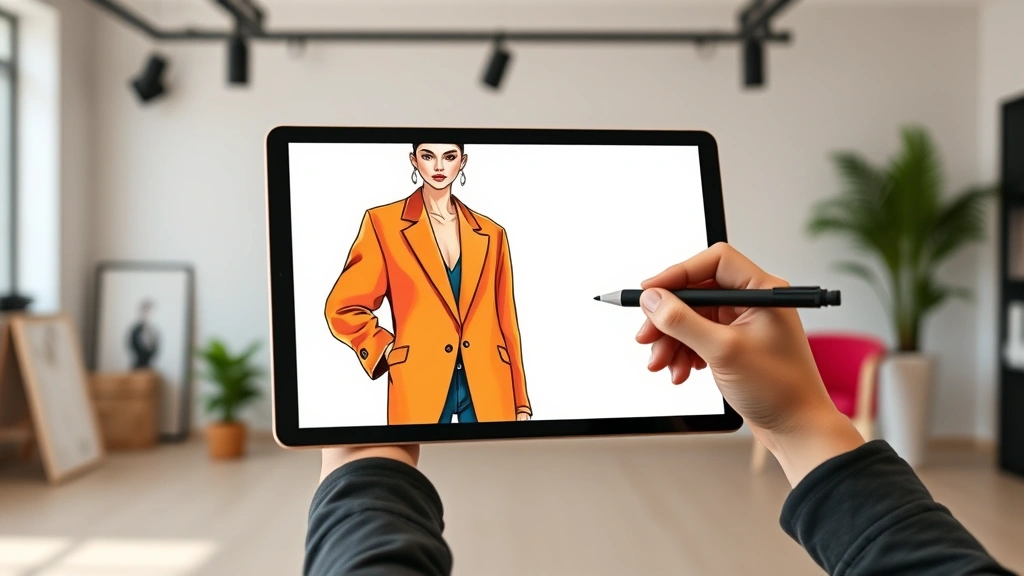 Digital fashion illustration tablet showing oversized blazer trend, vibrant color palette, modern minimalist aesthetic, designer working with stylus pen, sleek contemporary studio
