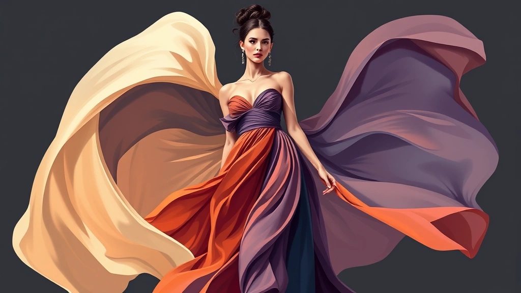Contemporary fashion illustration showing flowing fabric movement, dynamic pose, bold color palette, luxurious textile details, professional digital art demonstrating advanced technique and artistic vision