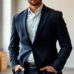 Well-dressed man wearing tailored navy blazer over crisp white dress shirt, standing confidently with hands in trouser pockets, professional office background with natural window lighting, sharp grooming and perfect fit demonstration