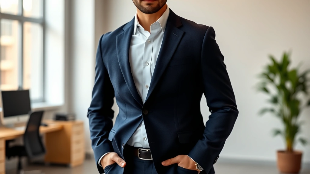 Well-dressed man wearing tailored navy blazer over crisp white dress shirt, standing confidently with hands in trouser pockets, professional office background with natural window lighting, sharp grooming and perfect fit demonstration