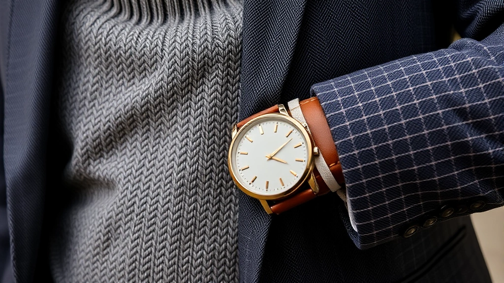 Close-up detail shot of layered men's outfit showing textured sweater under structured blazer, quality leather watch on wrist, sophisticated color coordination and fabric textures, professional styling example