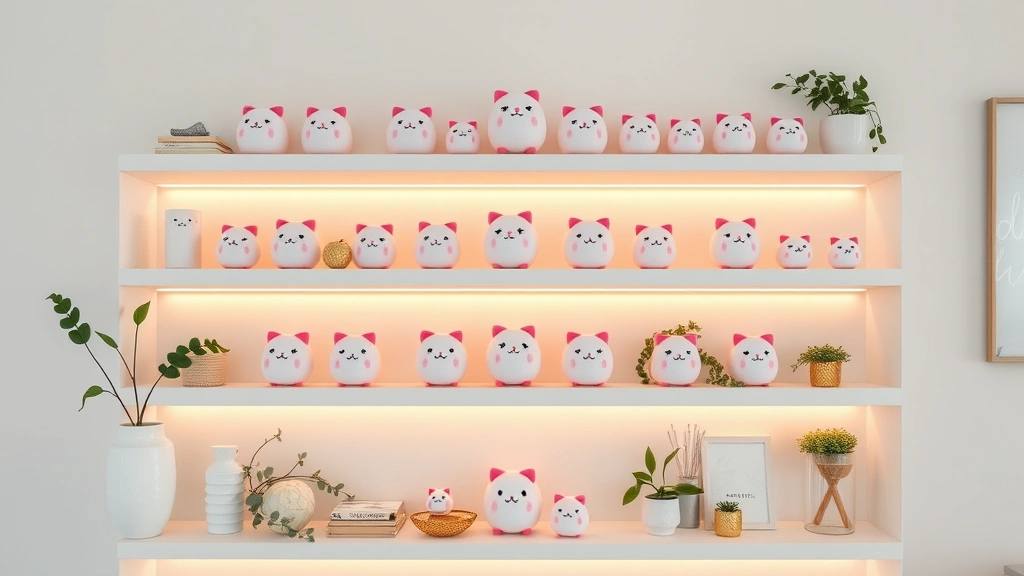 Styled shelf display featuring Squishmallows of varying sizes arranged on tiered white shelving with warm LED backlighting, botanical elements, contemporary home decor styling, no visible text or branding