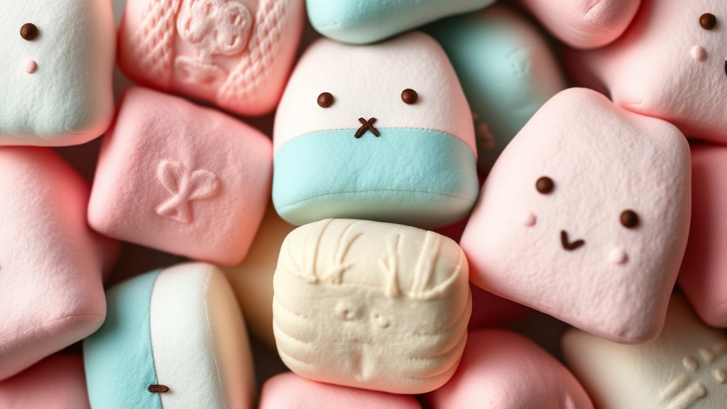 Close-up detail of color-coordinated Squishmallow collection featuring complementary color pairings in pink, teal, and cream tones, arranged artfully with negative space, soft diffused lighting, artistic composition
