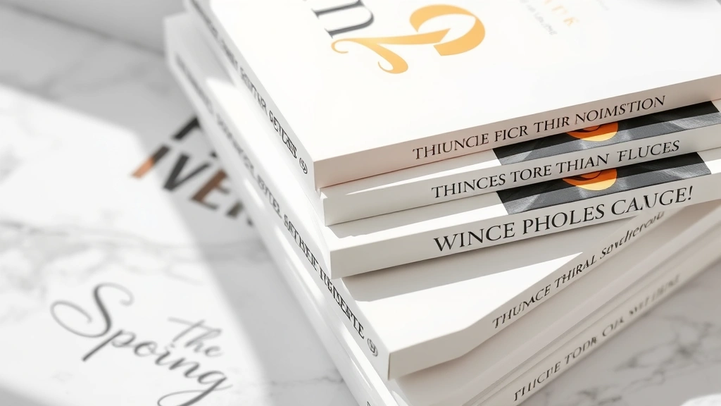 Flat lay of luxury fashion books with elegant typography and gold accents stacked on white marble surface, soft natural lighting, close-up detail shot