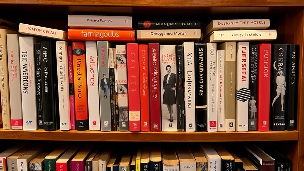 Vintage and modern fashion books displayed on wooden bookshelf, designer biographies and style guides mixed together, warm library lighting