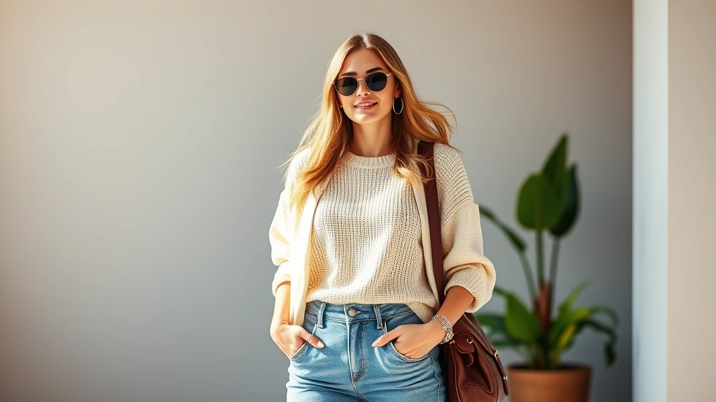 Model wearing stylish affordable fashion outfit featuring trendy pieces from mid-range brands, standing in bright natural light with confident pose, accessible fashion style