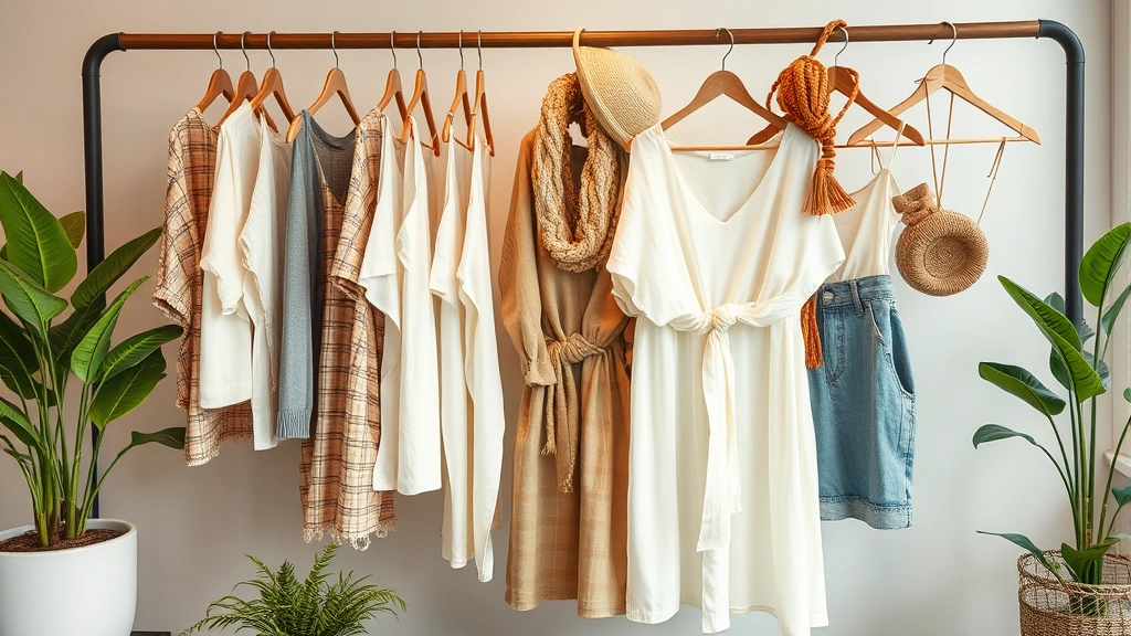 Sustainable fashion clothing display showing organic cotton garments, recycled fabric pieces, and eco-friendly accessories artfully arranged with natural elements like wooden hangers and potted plants
