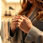 Woman carefully examining seams and fabric texture of a designer blazer in a luxury boutique, hands close-up on quality construction details, warm boutique lighting, luxury retail environment