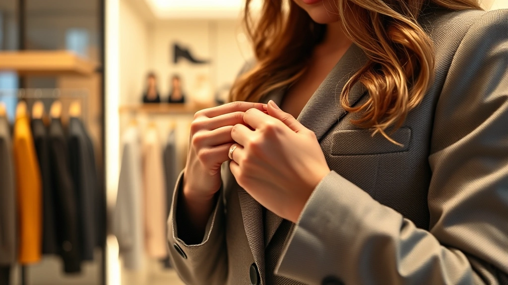 Woman carefully examining seams and fabric texture of a designer blazer in a luxury boutique, hands close-up on quality construction details, warm boutique lighting, luxury retail environment