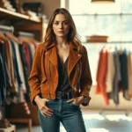 Fashionable woman in 1970s vintage clothing including suede jacket and flared jeans, standing in sunlit vintage clothing boutique with wooden racks and warm lighting