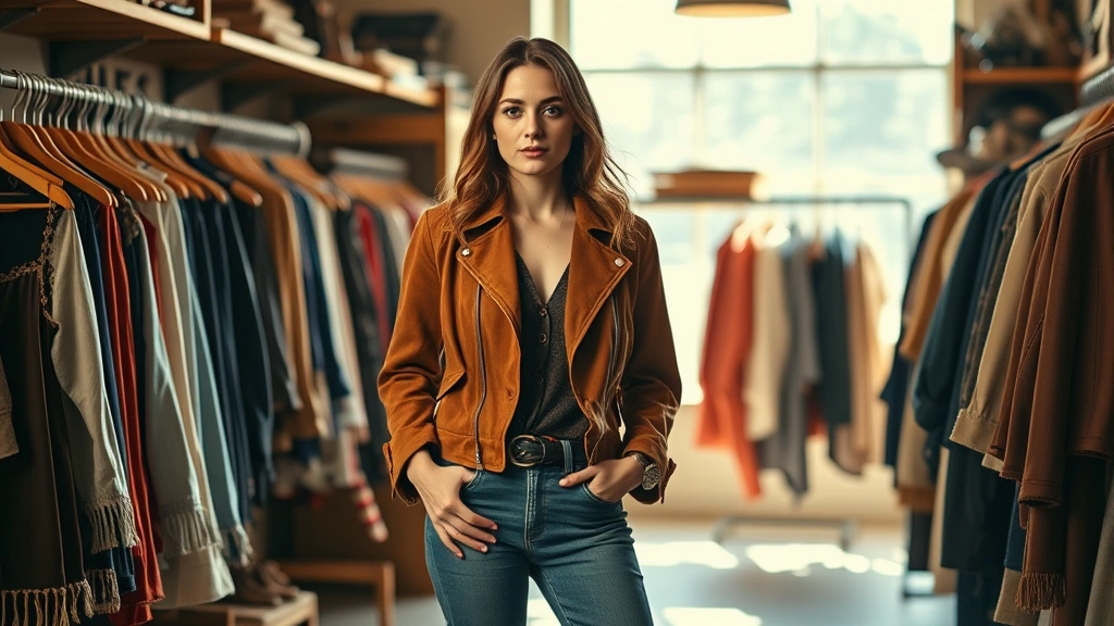 Fashionable woman in 1970s vintage clothing including suede jacket and flared jeans, standing in sunlit vintage clothing boutique with wooden racks and warm lighting